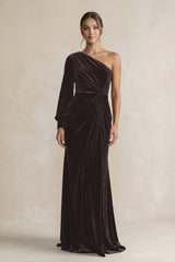 Velvet One Shoulder Sheath Long Sleeve Bridesmaid Dress in Espresso - KISS BRIDAL Bridesmaid Dresses