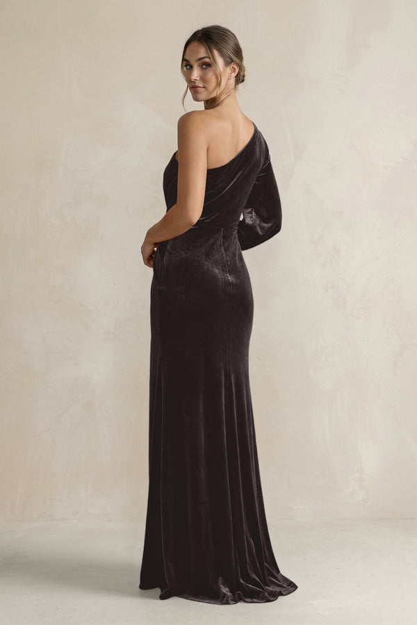 Velvet One Shoulder Sheath Long Sleeve Bridesmaid Dress in Espresso - KISS BRIDAL Bridesmaid Dresses