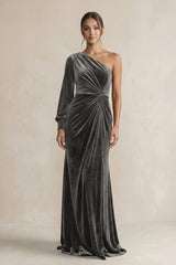 Velvet One Shoulder Sheath Long Sleeve Bridesmaid Dress in Frost - KISS BRIDAL Bridesmaid Dresses