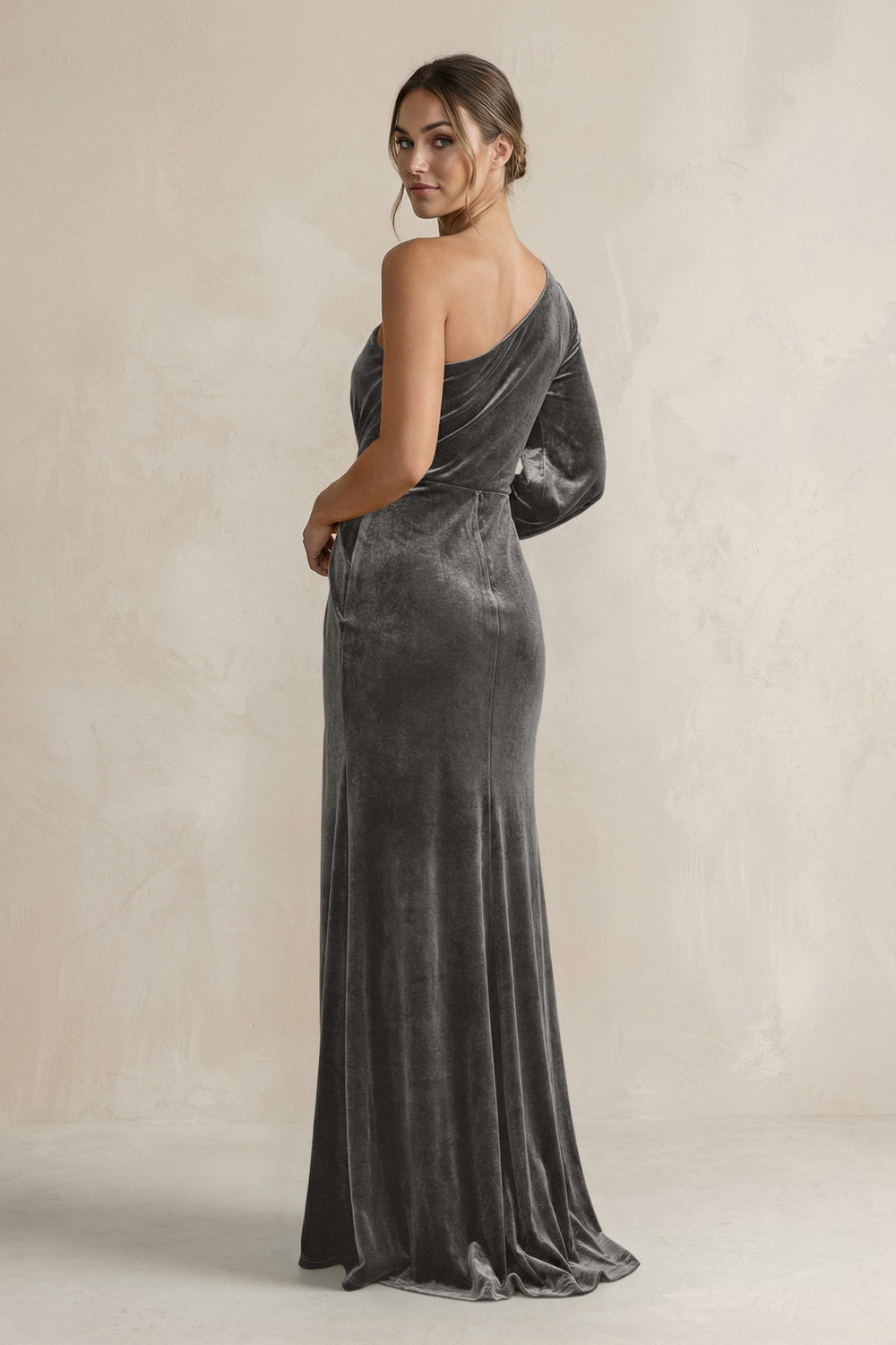 Velvet One Shoulder Sheath Long Sleeve Bridesmaid Dress in Frost - KISS BRIDAL Bridesmaid Dresses