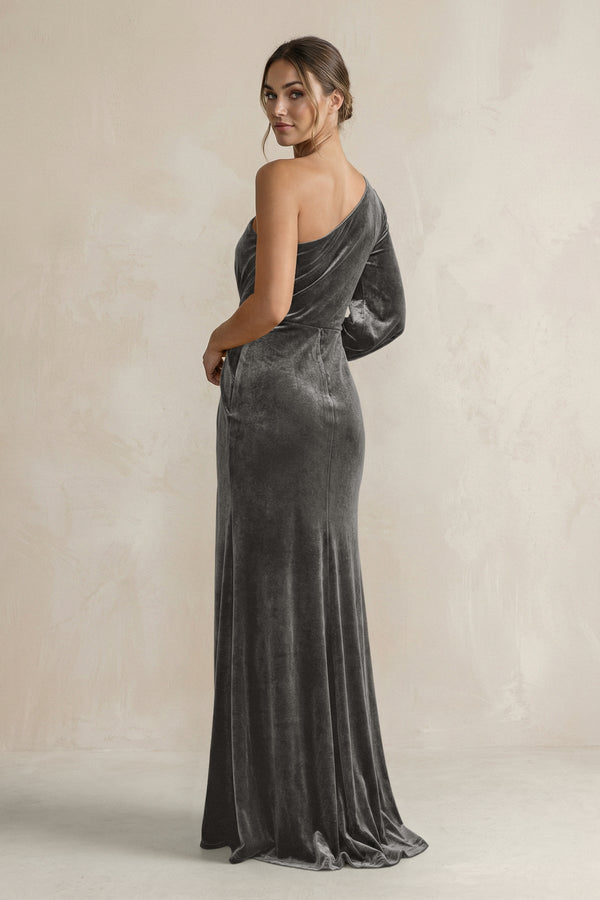Velvet One Shoulder Sheath Long Sleeve Bridesmaid Dress in Frost - KISS BRIDAL Bridesmaid Dresses