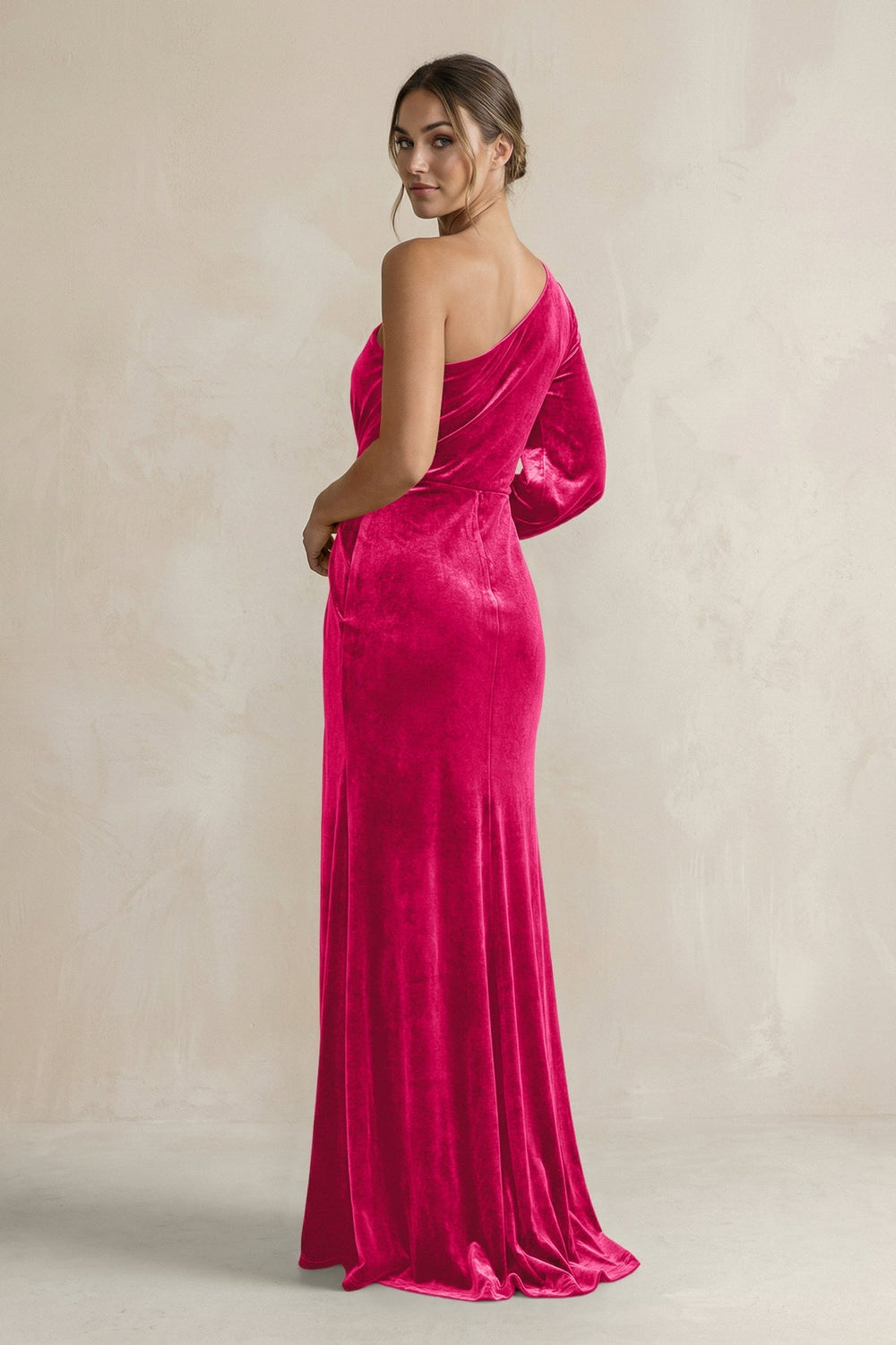 Velvet One Shoulder Sheath Long Sleeve Bridesmaid Dress in Fuchsia - KISS BRIDAL Bridesmaid Dresses