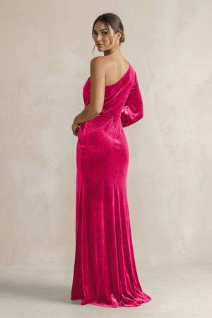 Velvet One Shoulder Sheath Long Sleeve Bridesmaid Dress in Fuchsia - KISS BRIDAL Bridesmaid Dresses