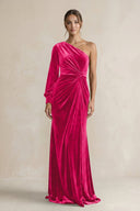 Velvet One Shoulder Sheath Long Sleeve Bridesmaid Dress in Fuchsia - KISS BRIDAL Bridesmaid Dresses
