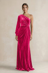 Velvet One Shoulder Sheath Long Sleeve Bridesmaid Dress in Fuchsia - KISS BRIDAL Bridesmaid Dresses