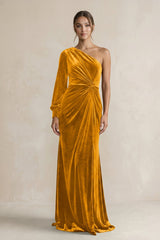 Velvet One Shoulder Sheath Long Sleeve Bridesmaid Dress in Gold - KISS BRIDAL Bridesmaid Dresses