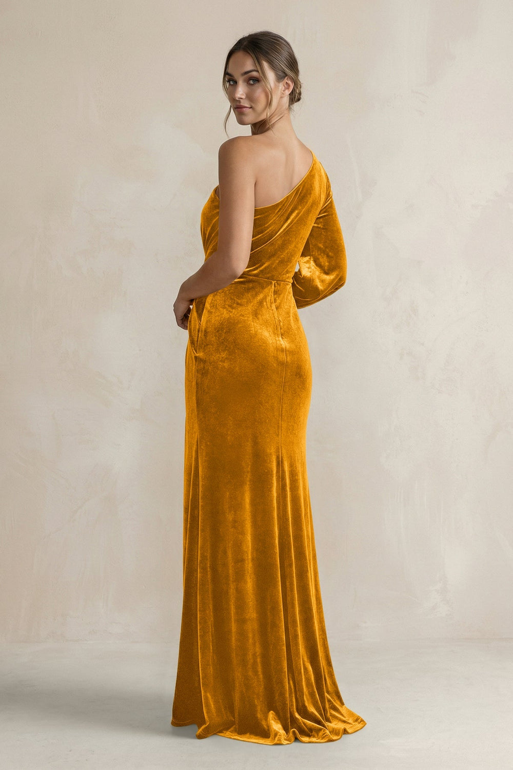 Velvet One Shoulder Sheath Long Sleeve Bridesmaid Dress in Gold - KISS BRIDAL Bridesmaid Dresses