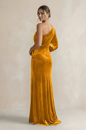Velvet One Shoulder Sheath Long Sleeve Bridesmaid Dress in Gold - KISS BRIDAL Bridesmaid Dresses