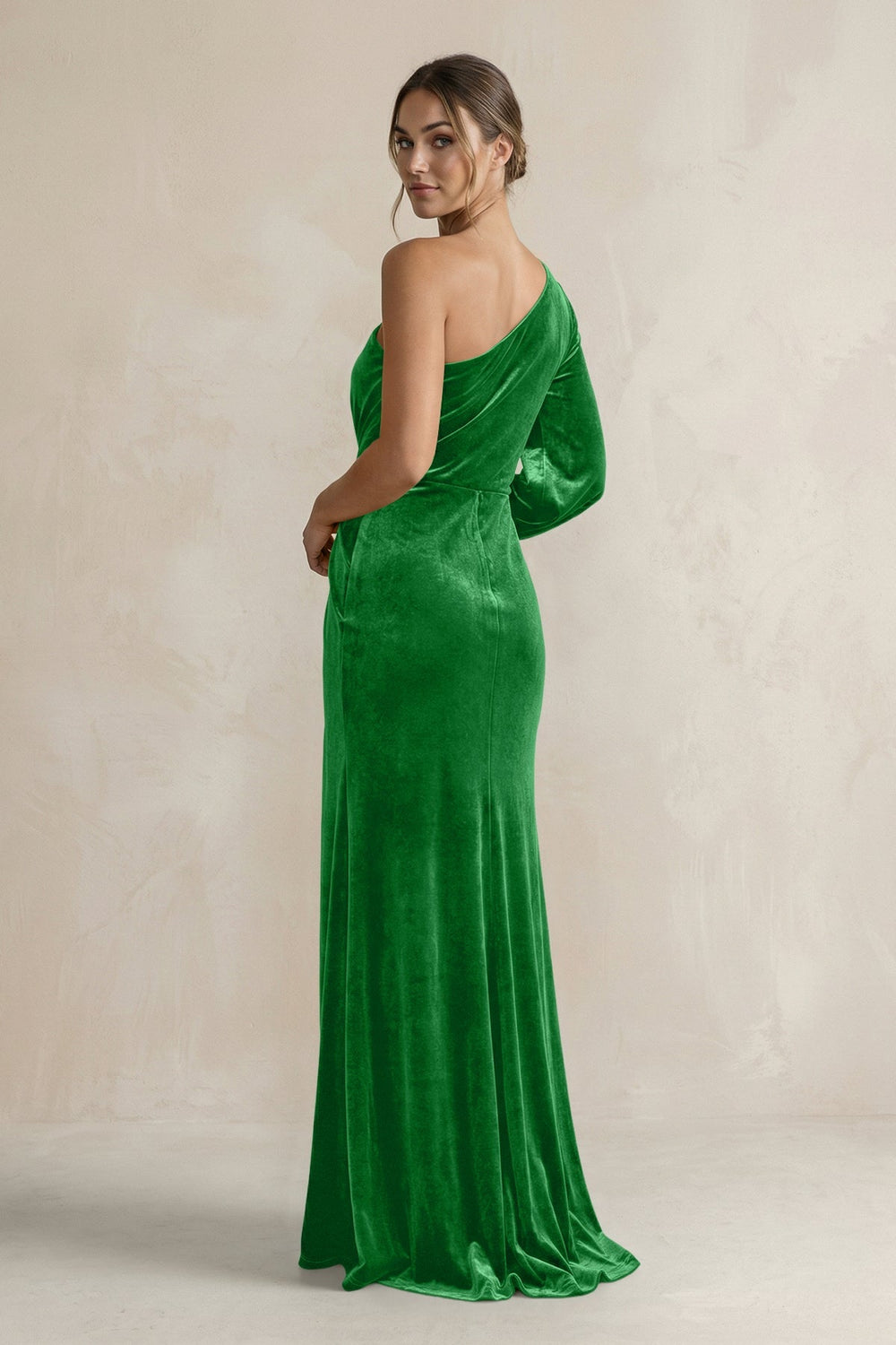 Velvet One Shoulder Sheath Long Sleeve Bridesmaid Dress in Green - KISS BRIDAL Bridesmaid Dresses