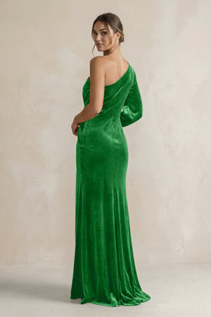 Velvet One Shoulder Sheath Long Sleeve Bridesmaid Dress in Green - KISS BRIDAL Bridesmaid Dresses