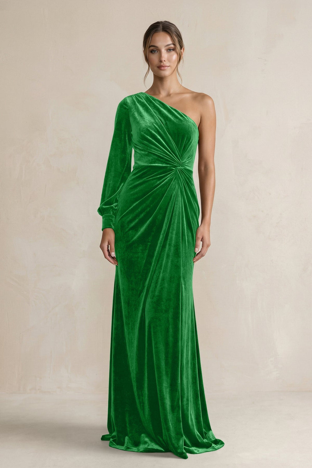 Velvet One Shoulder Sheath Long Sleeve Bridesmaid Dress in Green - KISS BRIDAL Bridesmaid Dresses