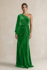Velvet One Shoulder Sheath Long Sleeve Bridesmaid Dress in Green - KISS BRIDAL Bridesmaid Dresses