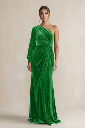 Velvet One Shoulder Sheath Long Sleeve Bridesmaid Dress in Green - KISS BRIDAL Bridesmaid Dresses