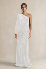 Velvet One Shoulder Sheath Long Sleeve Bridesmaid Dress in Ivory - KISS BRIDAL Bridesmaid Dresses
