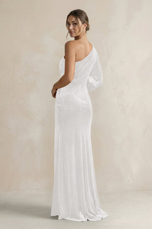 Velvet One Shoulder Sheath Long Sleeve Bridesmaid Dress in Ivory - KISS BRIDAL Bridesmaid Dresses