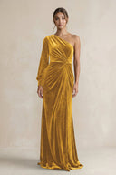Velvet One Shoulder Sheath Long Sleeve Bridesmaid Dress in Marigold - KISS BRIDAL Bridesmaid Dresses