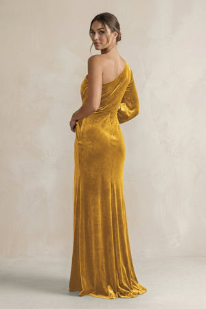 Velvet One Shoulder Sheath Long Sleeve Bridesmaid Dress in Marigold - KISS BRIDAL Bridesmaid Dresses