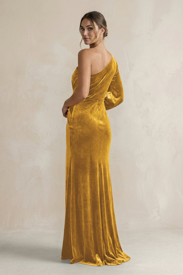 Velvet One Shoulder Sheath Long Sleeve Bridesmaid Dress in Marigold - KISS BRIDAL Bridesmaid Dresses