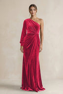 Velvet One Shoulder Sheath Long Sleeve Bridesmaid Dress in Merlot - KISS BRIDAL Bridesmaid Dresses