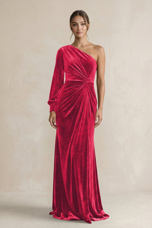Velvet One Shoulder Sheath Long Sleeve Bridesmaid Dress in Merlot - KISS BRIDAL Bridesmaid Dresses