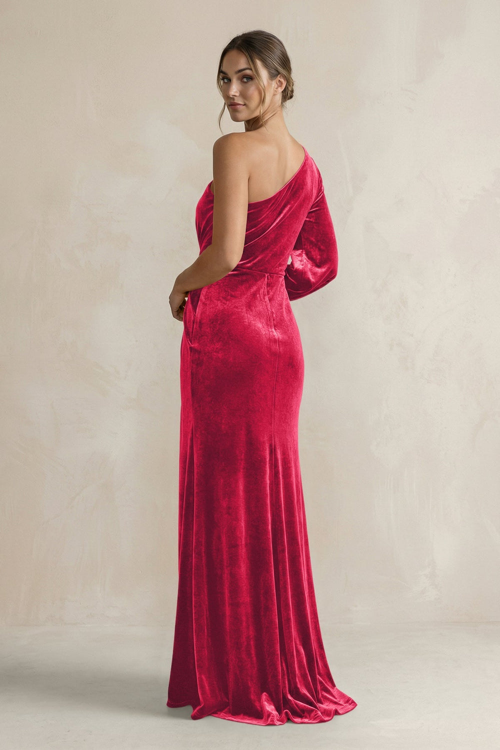 Velvet One Shoulder Sheath Long Sleeve Bridesmaid Dress in Merlot - KISS BRIDAL Bridesmaid Dresses