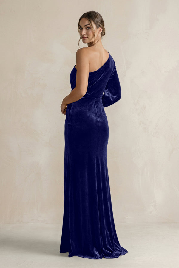 Velvet One Shoulder Sheath Long Sleeve Bridesmaid Dress in Navy - KISS BRIDAL Bridesmaid Dresses