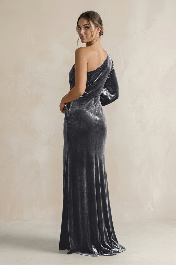 Velvet One Shoulder Sheath Long Sleeve Bridesmaid Dress in Neptune - KISS BRIDAL Bridesmaid Dresses