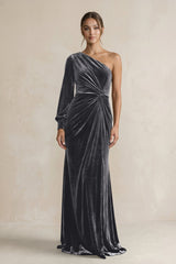 Velvet One Shoulder Sheath Long Sleeve Bridesmaid Dress in Neptune - KISS BRIDAL Bridesmaid Dresses