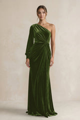 Velvet One Shoulder Sheath Long Sleeve Bridesmaid Dress in Olive - KISS BRIDAL Bridesmaid Dresses