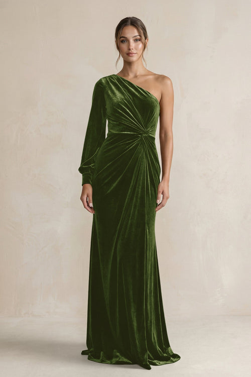 Velvet One Shoulder Sheath Long Sleeve Bridesmaid Dress in Olive - KISS BRIDAL Bridesmaid Dresses