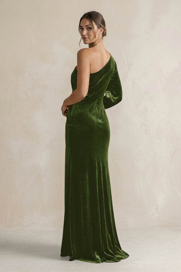 Velvet One Shoulder Sheath Long Sleeve Bridesmaid Dress in Olive - KISS BRIDAL Bridesmaid Dresses