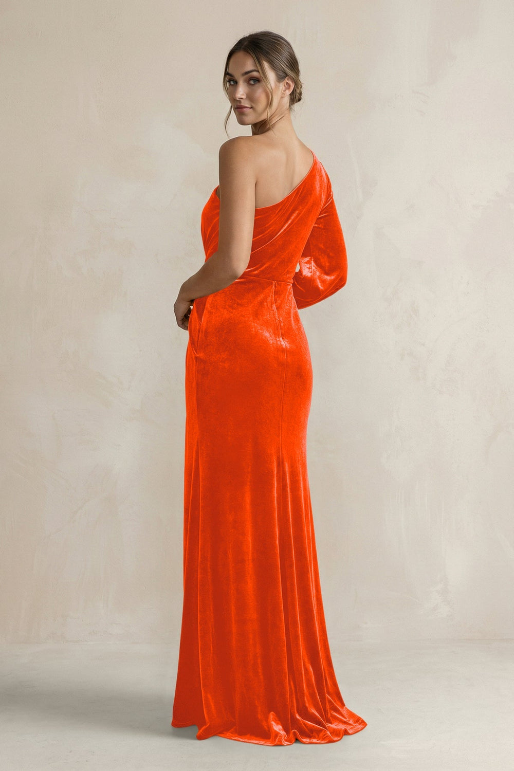 Velvet One Shoulder Sheath Long Sleeve Bridesmaid Dress in Orange - KISS BRIDAL Bridesmaid Dresses