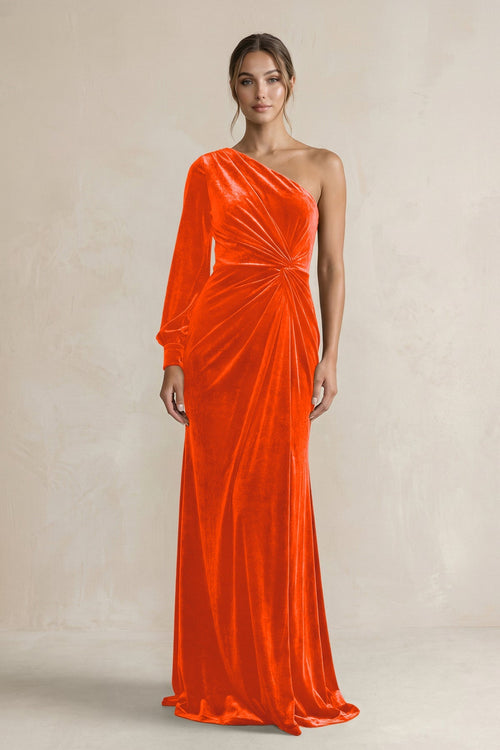 Velvet One Shoulder Sheath Long Sleeve Bridesmaid Dress in Orange - KISS BRIDAL Bridesmaid Dresses
