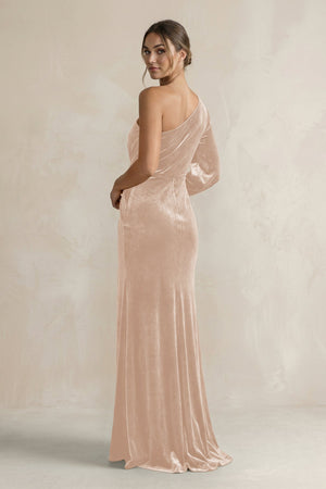 Velvet One Shoulder Sheath Long Sleeve Bridesmaid Dress in Pale Blush - KISS BRIDAL Bridesmaid Dresses