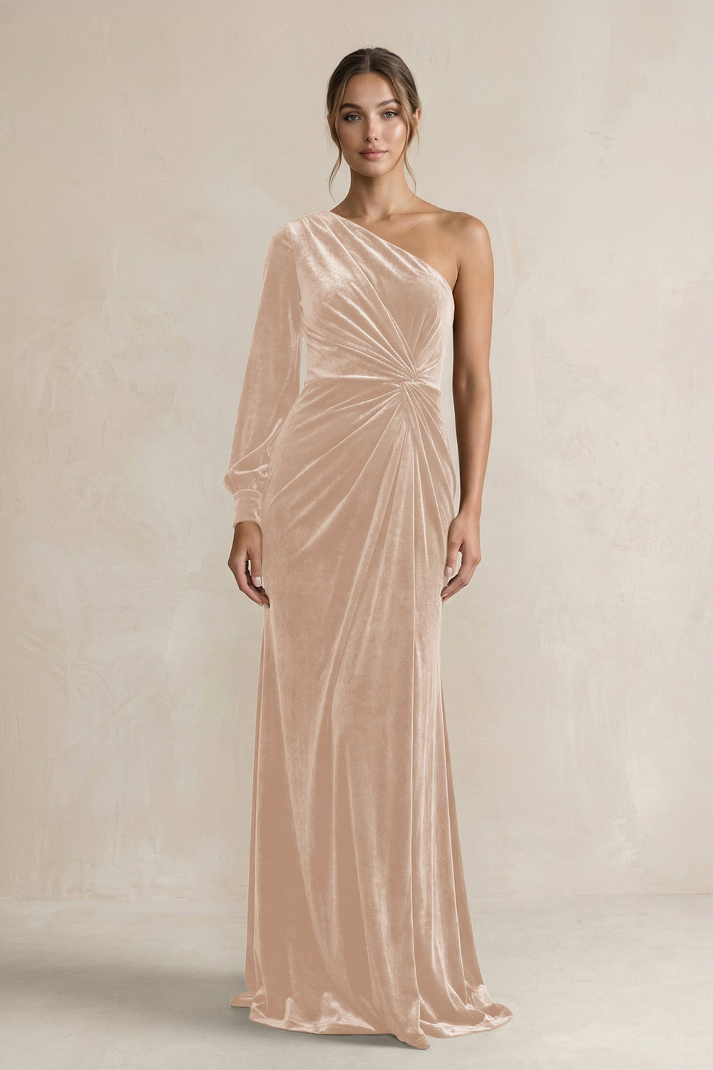 Velvet One Shoulder Sheath Long Sleeve Bridesmaid Dress in Pale Blush - KISS BRIDAL Bridesmaid Dresses