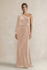 Velvet One Shoulder Sheath Long Sleeve Bridesmaid Dress in Pale Blush - KISS BRIDAL Bridesmaid Dresses