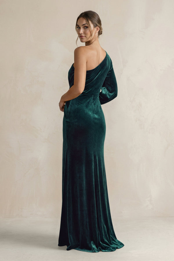 Velvet One Shoulder Sheath Long Sleeve Bridesmaid Dress in Pine - KISS BRIDAL Bridesmaid Dresses
