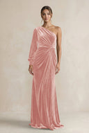 Velvet One Shoulder Sheath Long Sleeve Bridesmaid Dress in Rose Petal - KISS BRIDAL Bridesmaid Dresses