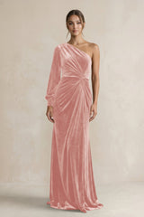 Velvet One Shoulder Sheath Long Sleeve Bridesmaid Dress in Rose Petal - KISS BRIDAL Bridesmaid Dresses