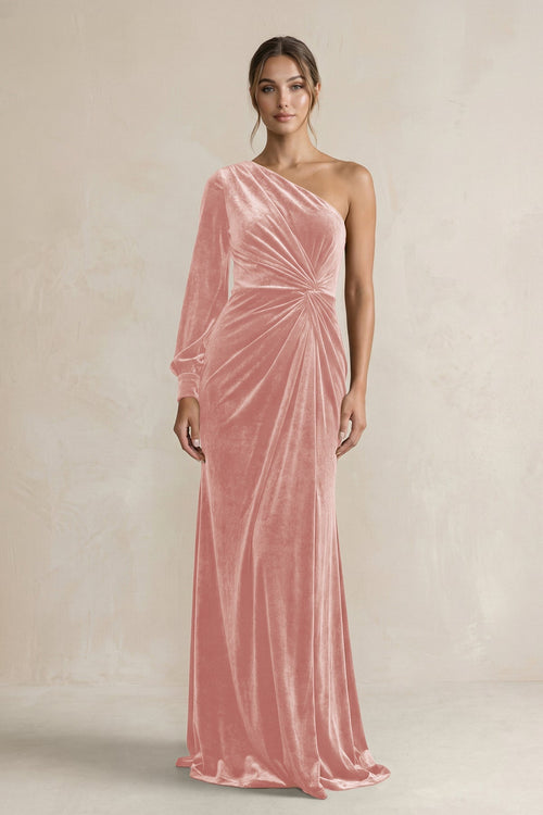 Velvet One Shoulder Sheath Long Sleeve Bridesmaid Dress in Rose Petal - KISS BRIDAL Bridesmaid Dresses