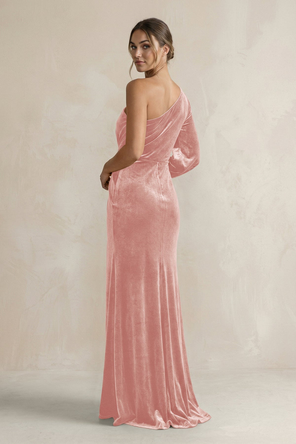 Velvet One Shoulder Sheath Long Sleeve Bridesmaid Dress in Rose Petal - KISS BRIDAL Bridesmaid Dresses