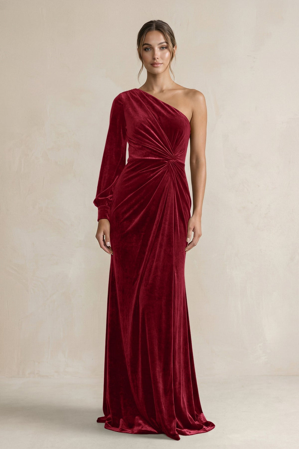 Velvet One Shoulder Sheath Long Sleeve Bridesmaid Dress in Rosewood - KISS BRIDAL Bridesmaid Dresses