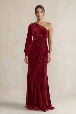 Velvet One Shoulder Sheath Long Sleeve Bridesmaid Dress in Rosewood - KISS BRIDAL Bridesmaid Dresses