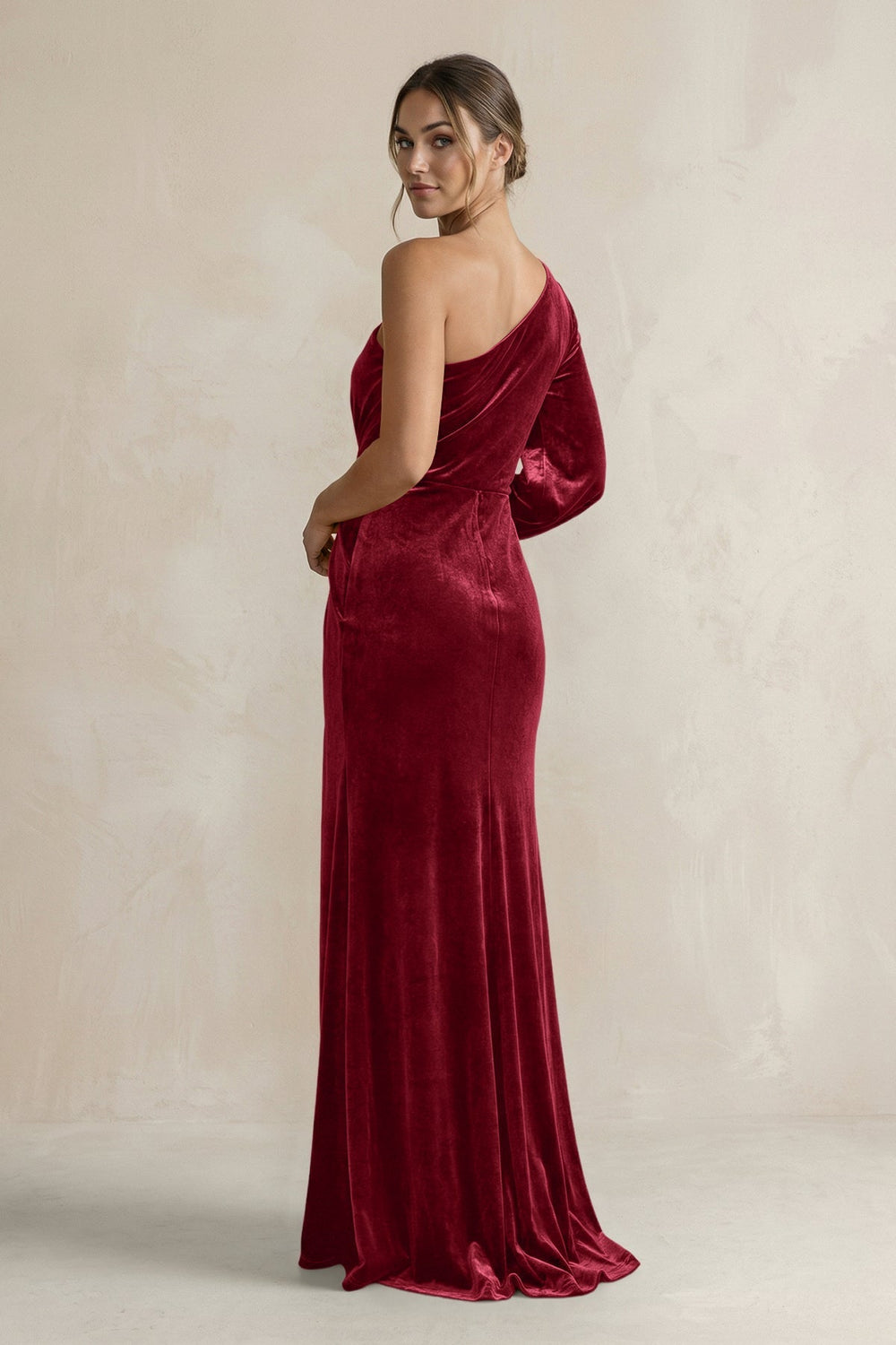 Velvet One Shoulder Sheath Long Sleeve Bridesmaid Dress in Rosewood - KISS BRIDAL Bridesmaid Dresses