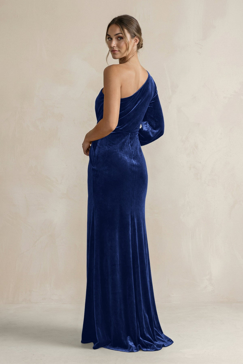 Velvet One Shoulder Sheath Long Sleeve Bridesmaid Dress in Royal Blue - KISS BRIDAL Bridesmaid Dresses