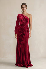 Velvet One Shoulder Sheath Long Sleeve Bridesmaid Dress in Ruby Red - KISS BRIDAL Bridesmaid Dresses