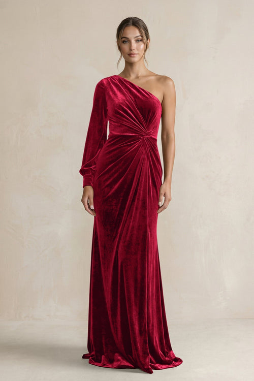 Velvet One Shoulder Sheath Long Sleeve Bridesmaid Dress in Ruby Red - KISS BRIDAL Bridesmaid Dresses