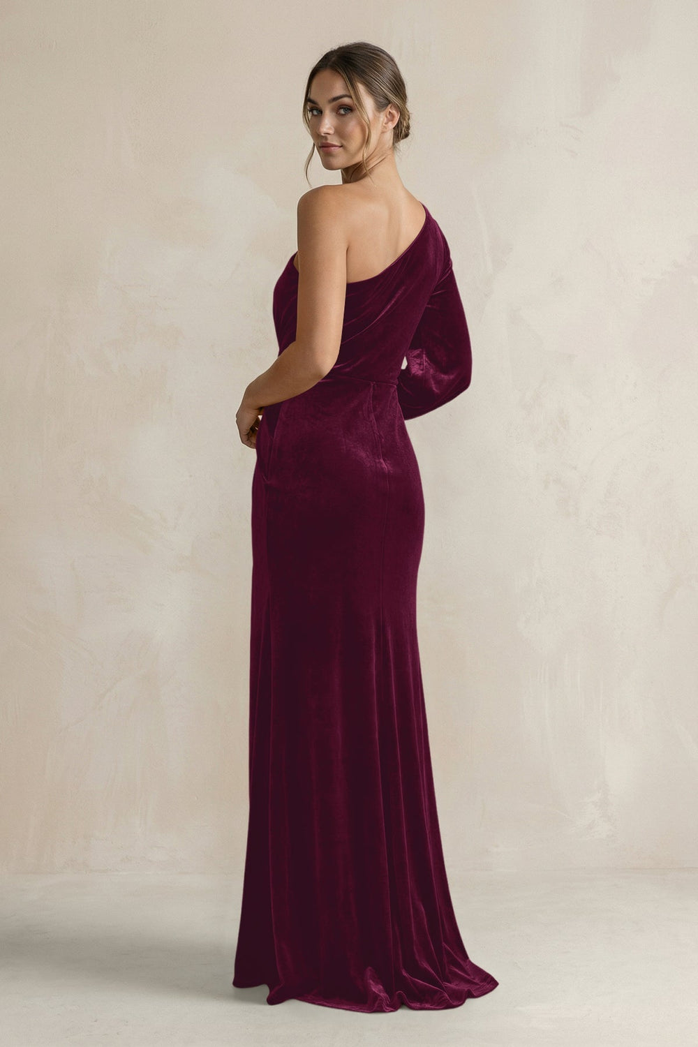 Velvet One Shoulder Sheath Long Sleeve Bridesmaid Dress in Sangria - KISS BRIDAL Bridesmaid Dresses
