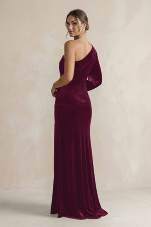 Velvet One Shoulder Sheath Long Sleeve Bridesmaid Dress in Sangria - KISS BRIDAL Bridesmaid Dresses
