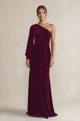 Velvet One Shoulder Sheath Long Sleeve Bridesmaid Dress in Sangria - KISS BRIDAL Bridesmaid Dresses